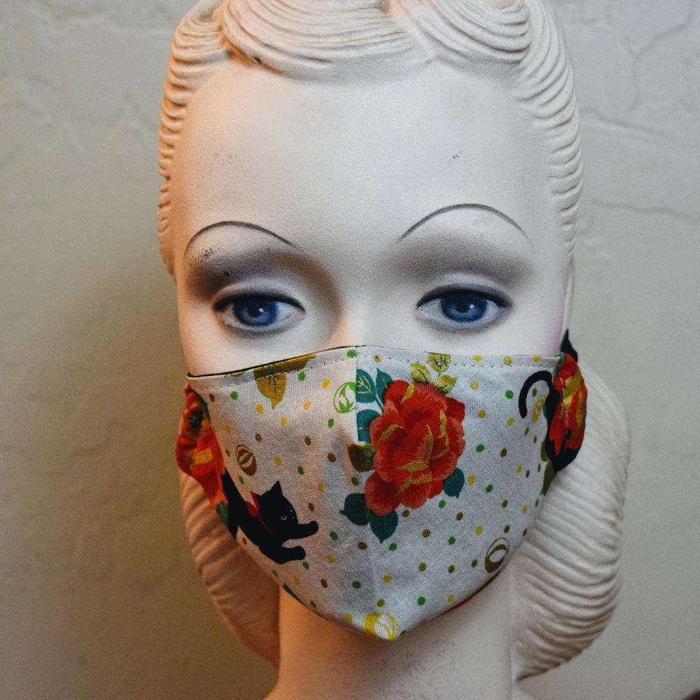 Black cat and rose reusable cotton face mask